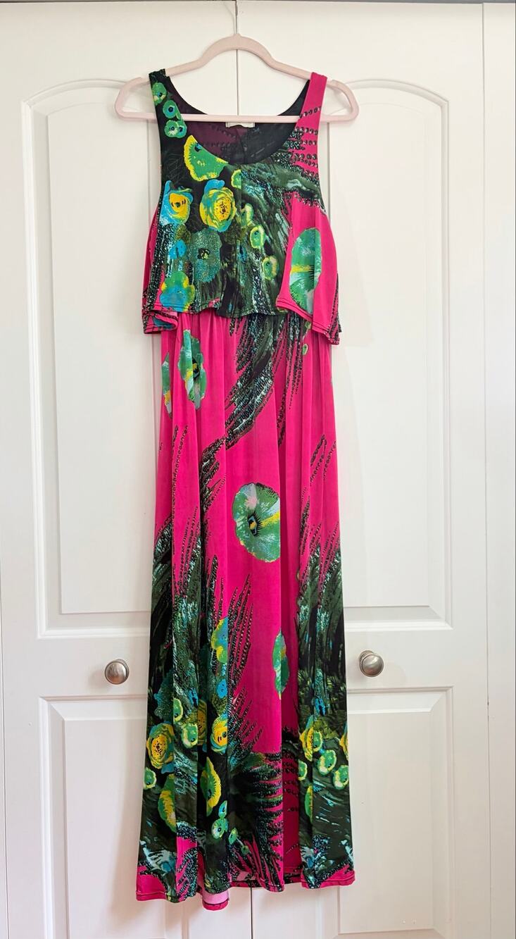 A.C. Esme XL Tropical Floral Maxi Dress Overlay Sleeveless Pink Green Boho